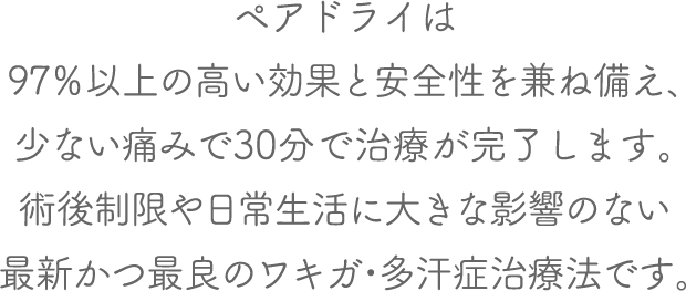 ペアドライは97％以上の高い効果と安全性を兼ね備え、少ない痛みで30分で治療が完了します。術後制限や日常生活に大きな影響のない最新かつ最良のワキガ・多汗症治療法です。